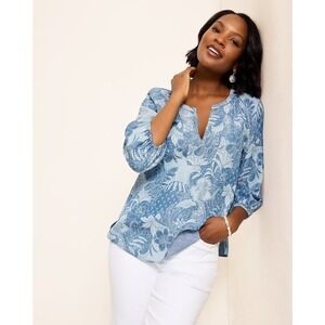 Tommy Bahama Blue Floral Tencel Blouse Medium Beachy Resort Soft Coastal Relaxed